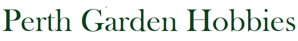 Text based logo reads: Perth Garden Hobbies. Text is Dark Green.